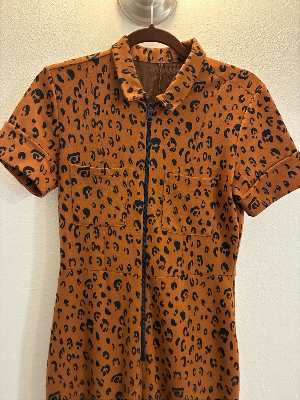 Free People Rust Leopard Zip-Front Jumpsuit, Size S